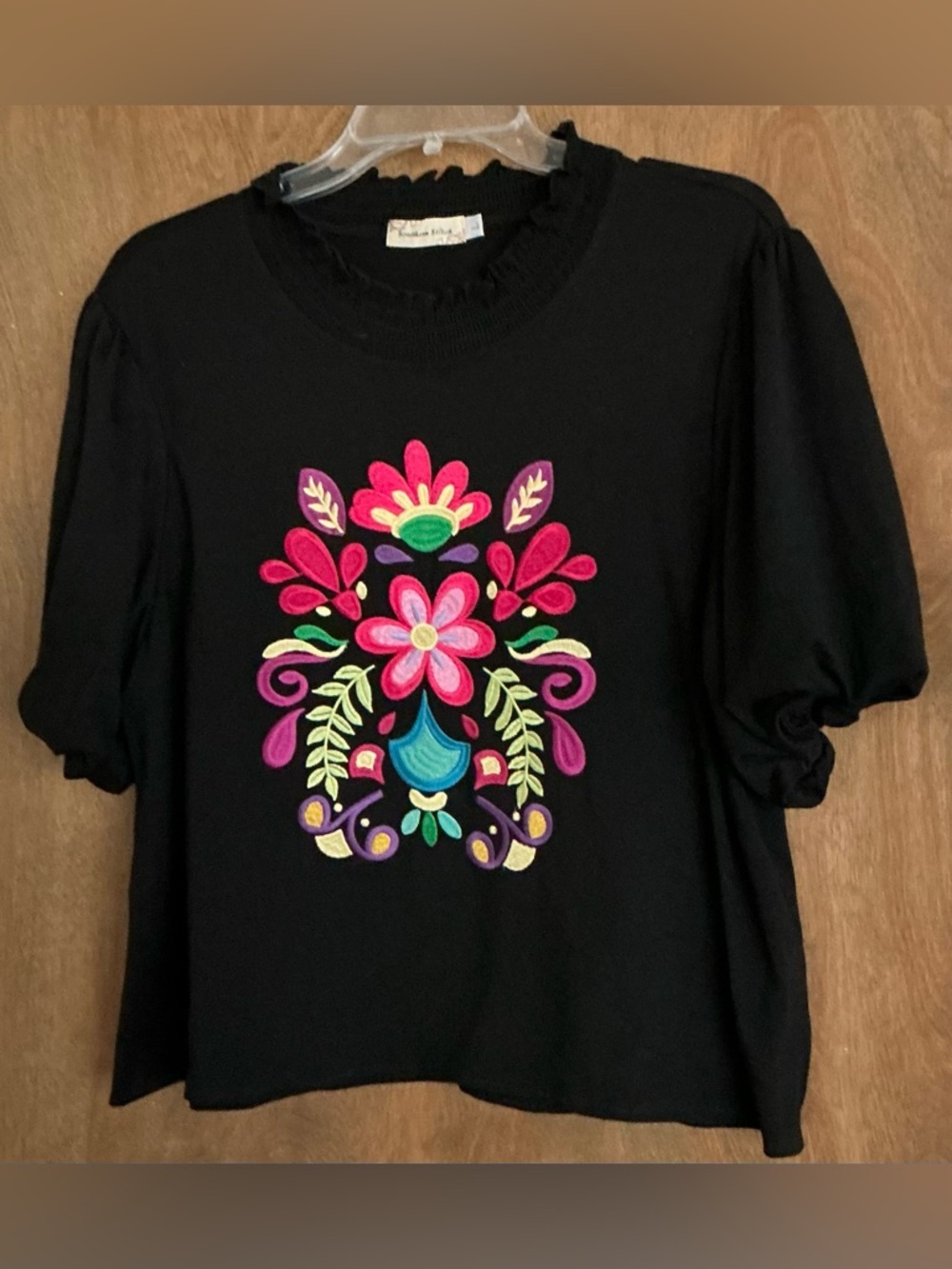 Southern Stitch Short Sleeve Vibrant Multi-Color Embroidery On Black Top Otomi L